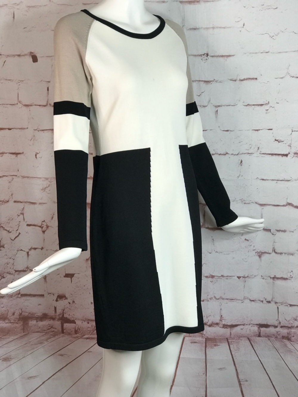 CALVIN KLEIN M Petite Colorblock Knit Long Sleeve Dress Black Taupe Cream MP - Picture 15 of 15